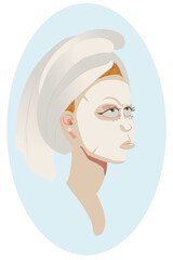 Vector illustration A girl with a towel and a cloth mask Bathroom