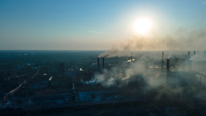 metallurgical plant heavy industry poor ecology top view smoke from chimneys smog