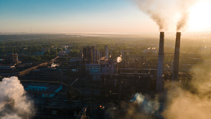 factory smoke from chimneys from a height panorama