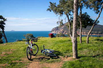 Fototapeta premium vacation on the mountain with a view of the sea and the island