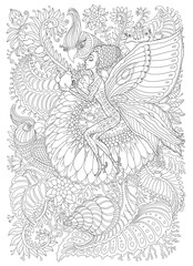 Vector fairy tale butterfly pixie lady with tea pot on chamomile flower, parrot birds, frog, snail. Black and white Thin contour line drawing, coloring book page for adults and children