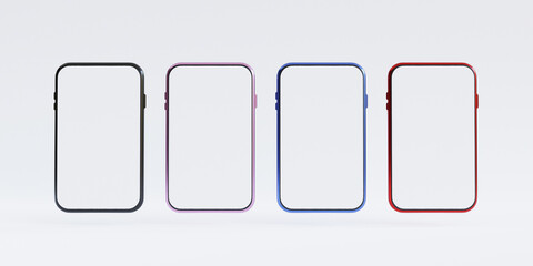 Isolate of variety of colour mobile phone with blank screen template on white background for smartphone mock up by 3d render.