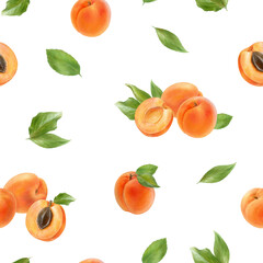 Pattern, ripe apricots with green leaves, watercolor illustration