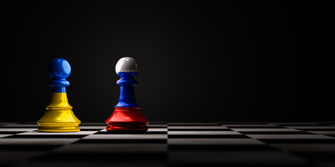 Ukraine flag and Russia flag on chess on chess board forth countries political conflict and war...