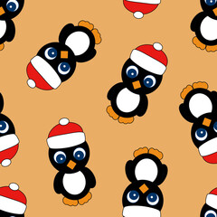 Seamless Pattern with Penguin on Orange Background.