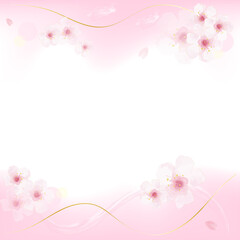 桜の散りばめられたピンクのパステル背景、テキストスペース有り