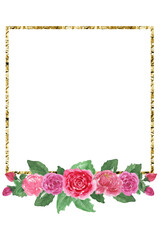 Gold frames with watercolor bouquets of flowers,peonies,poppies, for Valentine's Day greeting cards,invitations,for design works.