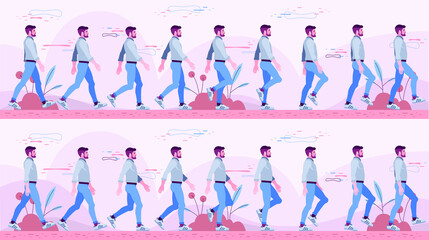 Business man walking cycle. Character Model with Walk cycle Animation. character design. side view, animated character. character creation, pose
