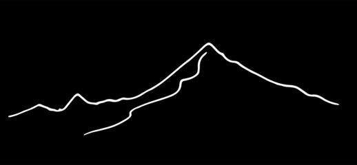 mountain range. mountain peaks hand-drawn in white with an isolated line on black. The mountain is a simple doodle-style drawing for a design template. landscape of uneven rocks vintage