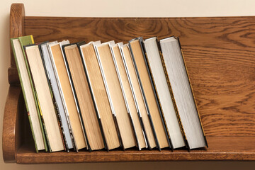 Books on Shelf. Reading book concept. Stack of Books on Wooden Bookshelf. World Book Day. 