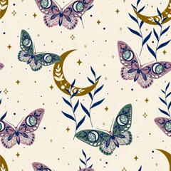 Foto op Canvas Elegant celestial seamless pattern with herbs. Boho magic background with purple space elements stars, butterflies. Vector doodle texture. © Любовь Овсянникова