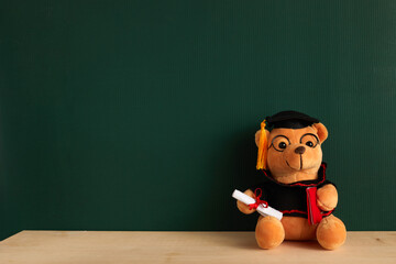Teddy bear with graduation hat and diploma in front of green chalkboard. Graduation concept