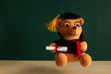 Teddy bear with graduation hat and diploma in front of green chalkboard. Graduation concept