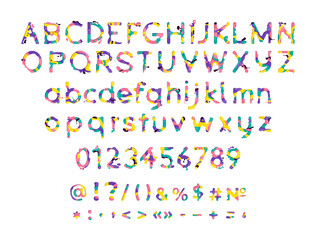 Collection of letters, numbers and punctuation in cut paper style. Modern colorful font.