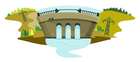 Detailed illustration of a reservoir. Water dam. - obrazy, fototapety, plakaty