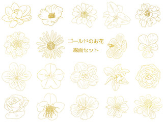 繊細な花のゴールドの線画20個セット2　ベクター素材