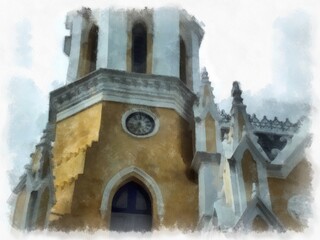 Obraz premium Ancient Christian Church, European Architecture, Gothic Style, Yellow watercolor style illustration impressionist painting.