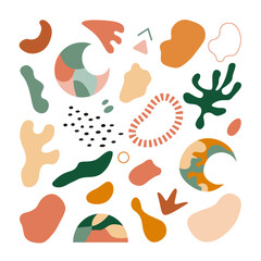 Clipart of hand-drawn abstract shapes and objects: spots, moon, lines. Collection of minimalistic contemporary art prints. Perfect for kids print, poster, nursery decoration.