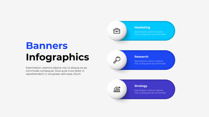 Three horizontal rounded banners infographic slide in the form of a switch. Concept of business project visualization with 3 options