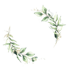 Arrangement frame with green branches and leaves and golden graphic elements. Watercolor painted floral wreath.