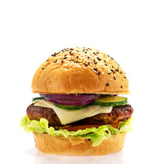 Big single cheeseburger isolated on white background