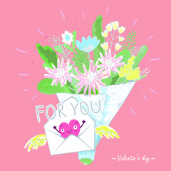 Valentine's day card in pastel colors. Declaration of love. Cute Valentine's Day gift, Valentine's letter and bouquet of flowers. Hand drawn vector illustration isolated on pink background.