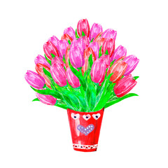 Watercolor illustration, a large bouquet of bright pink tulips in a decorative bucket