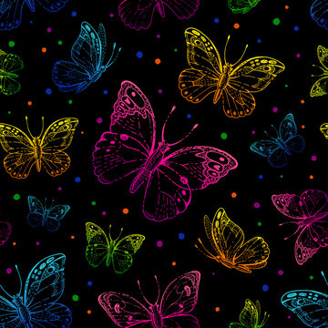 Butterfly pattern. Vector seamless background. Abstract black fabric design. Cute illustration with neon pink, blue, purple butterfly silhouette. Spring or summer drawing. Floral graphic pattern art