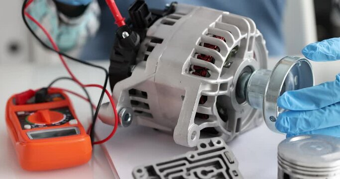 Master repairing generator for car using tester closeup 4k movie