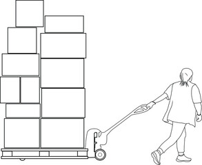 Woman worker transports boxes on hydraulic trolley vector illustration