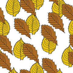 Leaves seamless pattern, yellow and brown autumn leaves in doodle style on a white background