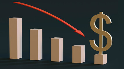 Gilded dollar symbol, falling graph bars and a red downward pointing arrow against a dark background. 3D rendering. Finance concept