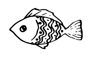 drawing of a cute fish-doodle. fish icon with a wavy line and dots pattern, isolated black outline on white for a design template. a simple children's drawing of a sea fish on the side