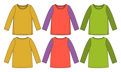 Fototapeta premium Long sleeve Crew neck with round hem Technical Sketch Fashion Template Front and back view. Multicolor Modern stylish dress design drawing vector art illustration for ladies.