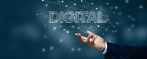 business man holding digital network