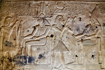 A Wall Relief from the temple at Abydos, depicting the king presenting offerings to the gods