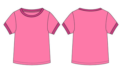 Short sleeve T-shirt Technical fashion Flat sketch  template for Women's and baby Girls. Vector art illustration Clothing Pink color mock. Easy Edit customizable isolated on white background.