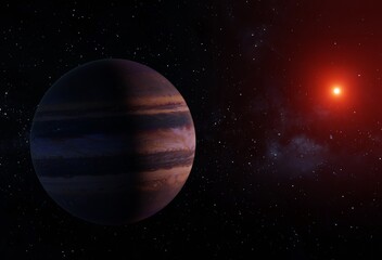 3D render of a blue and white striped gas giant gas giant exoplanet similar to Jupiter near his red dwarf star with the Milky Way in the background
