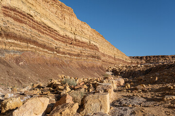 View of an old, restored Quarry in the heart of the Ramon Crater, located near Mitzpe Ramon, South of Beer Sheba in the Negev Desert, Israel - obrazy, fototapety, plakaty
