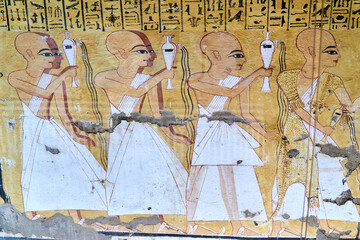 A colorful mural from the tomb Inkherkhau (TT359) on the West Bank of Nile - Thebes, Luxor, Egypt,...
