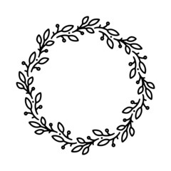 Vector hand drawn spring wreath isolated on white background. Outline circle of leaves. Doodle style. Floral frame.