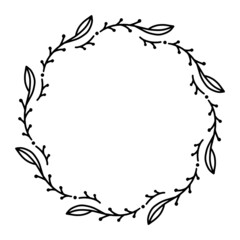 Vector hand drawn spring wreath isolated on white background. Outline circle of leaves. Doodle style. Floral frame.