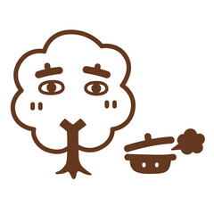 顔のある木と、フタが浮いて湯気が出ている鍋のベクターイラスト素材。