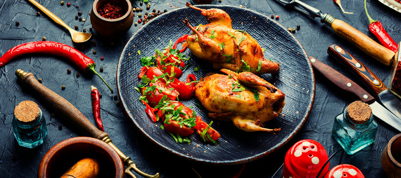 Fried quails, dietary meat.