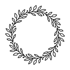 Vector hand drawn spring wreath isolated on white background. Outline circle of leaves. Doodle style. Floral frame.