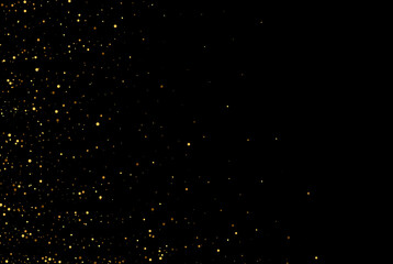 Gold glitter texture on black background. Golden splash of confetti. Golden grainy abstract texture on a black background. Design element.