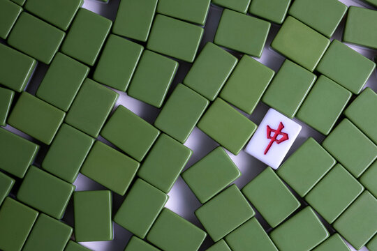 Mahjong. Riichi Mahjong set for playing. Space for text.