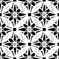 drawing of a multipath star in a circle. seamless freehand drawing with a white isolated line on black. seamless pattern of black mandala line, stylized star on white for fabric or tile