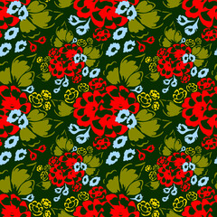 Seamless pattern with a silhouette of flowers and leaves on a green isolated background. Bright floral retro background. For fabric, textile, wrapping paper, cover.