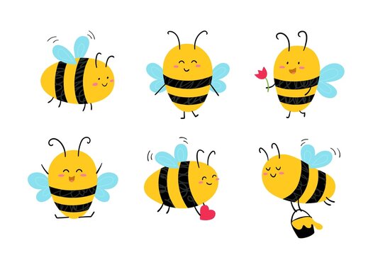 Funny hand drawn cute honey bees. Flying insect collection. Vector illustration.